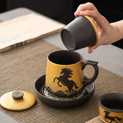 Yixing Purple Clay Galloping Horses Tea Cup Set