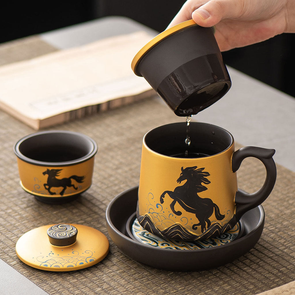 Yixing Purple Clay Galloping Horses Tea Cup Set