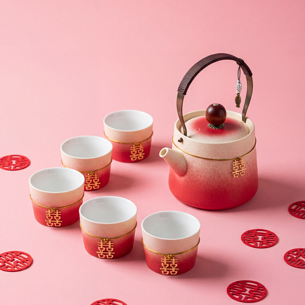 Gradient Red Ceramic Wedding Tea Set