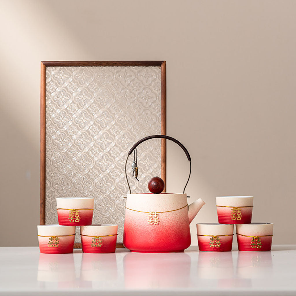 Gradient Red Ceramic Wedding Tea Set