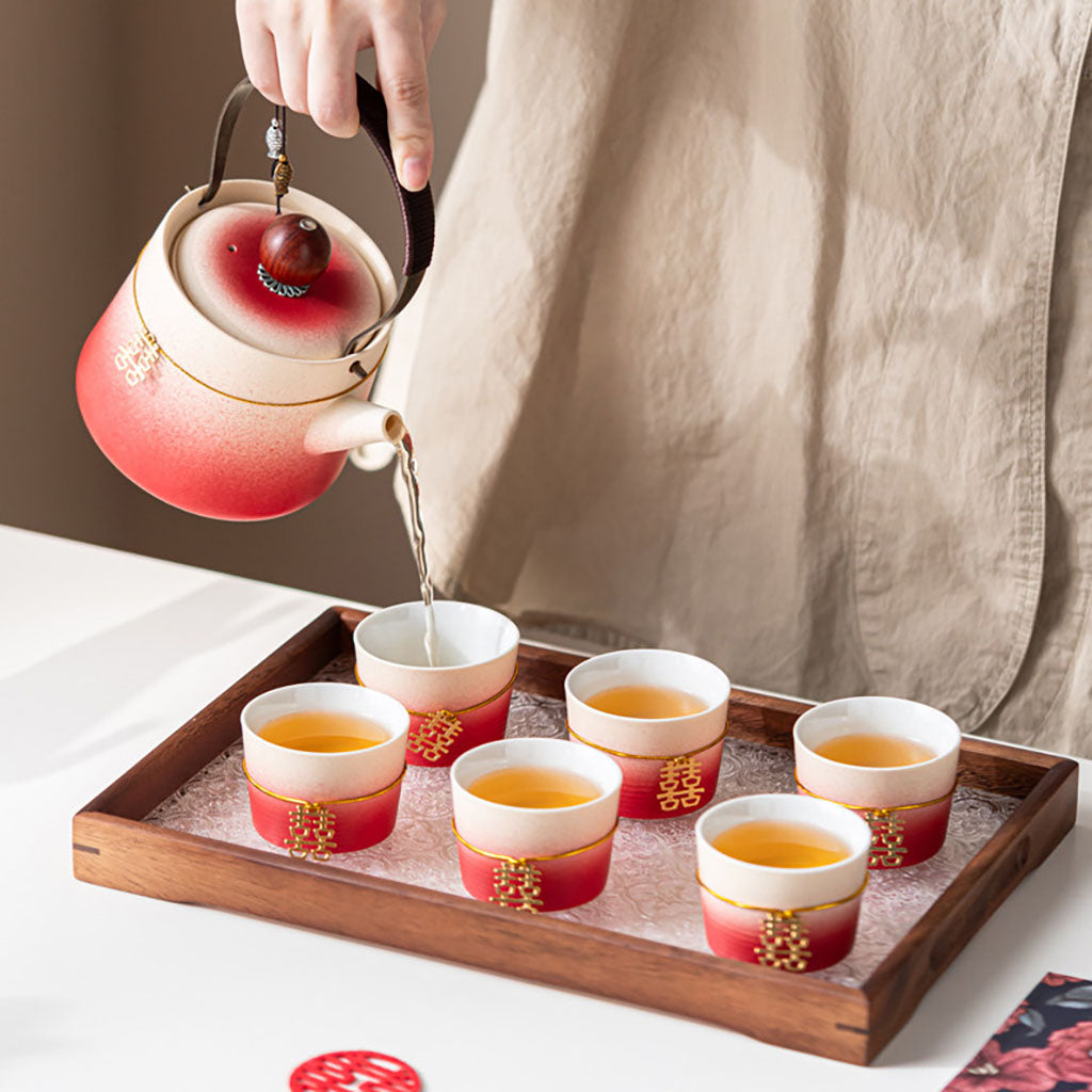 Gradient Red Ceramic Wedding Tea Set
