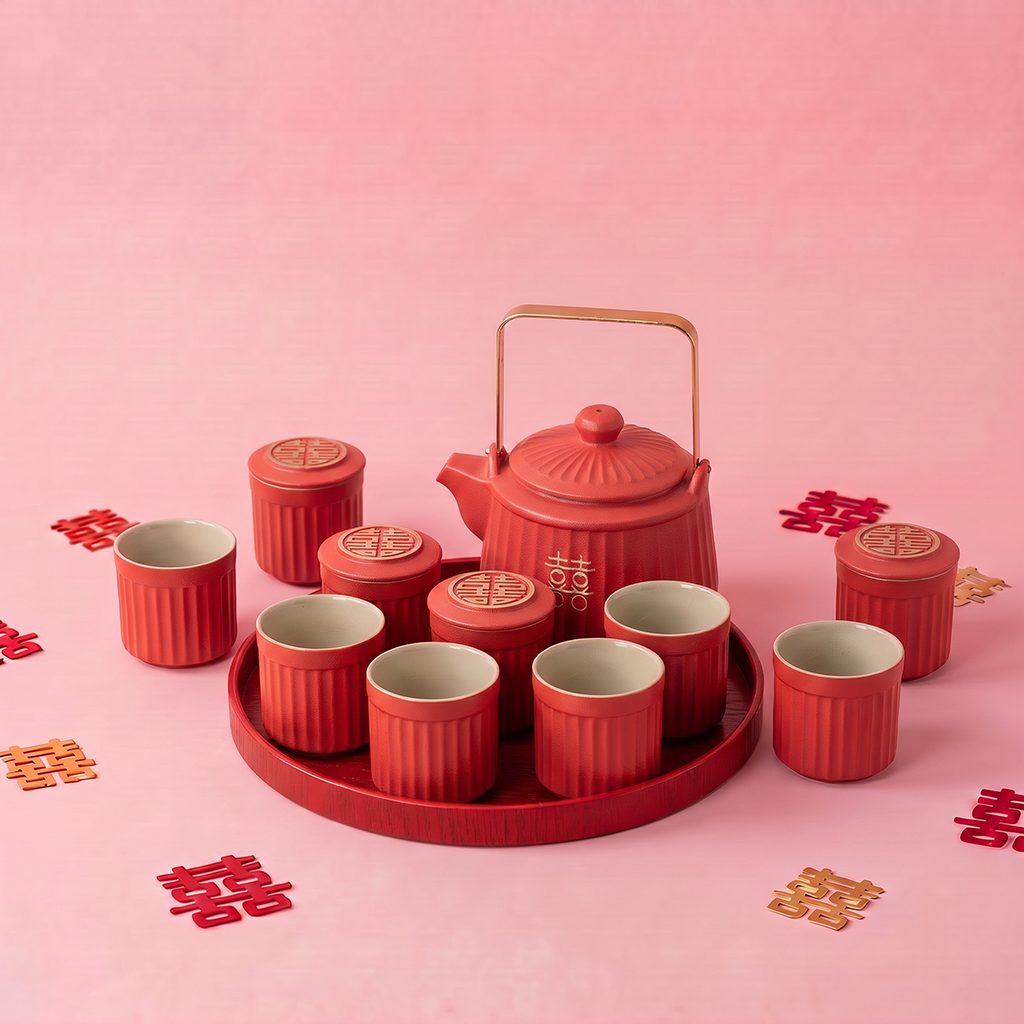 Striped Double Happiness Ceramic Wedding Tea Set