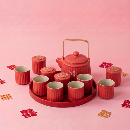 Striped Double Happiness Ceramic Wedding Tea Set