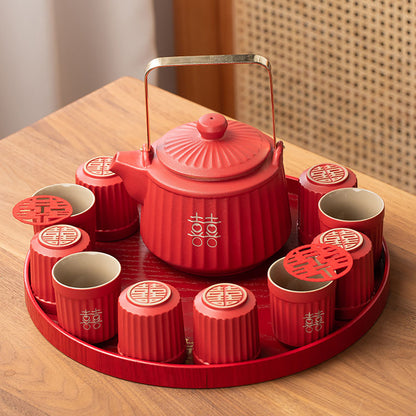 Striped Double Happiness Ceramic Wedding Tea Set