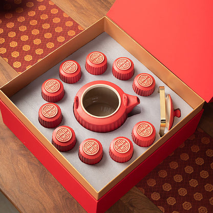Striped Double Happiness Ceramic Wedding Tea Set