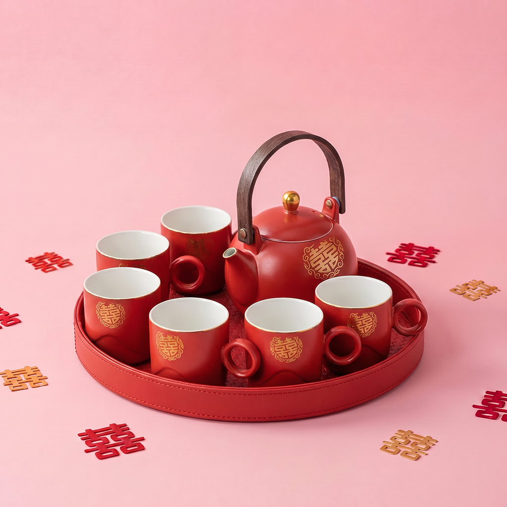 Golden Double Happiness Ceramic Wedding Tea Set