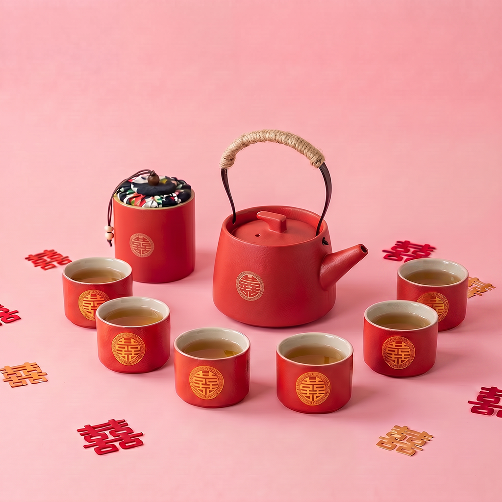 Red Double Happiness Ceramic Wedding Tea Set