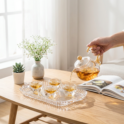 Gold Foil Diamond-Cut Crystal Glass Tea Set