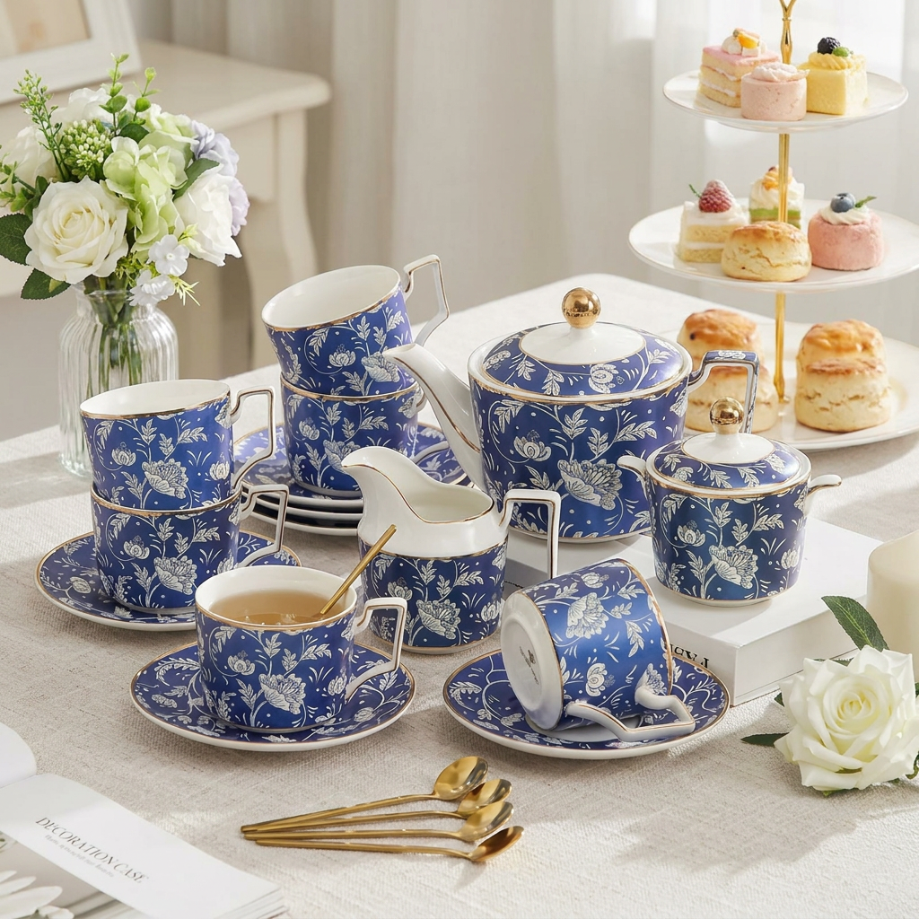 Vintage Blue Peony Porcelain Tea Set
