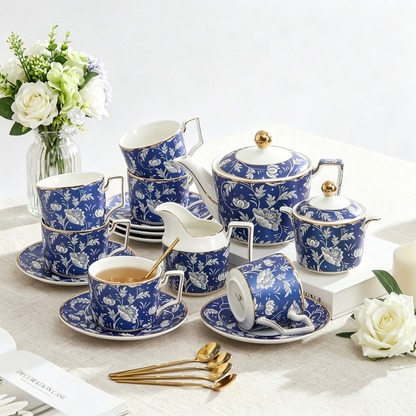 Vintage Blue Peony Porcelain Tea Set