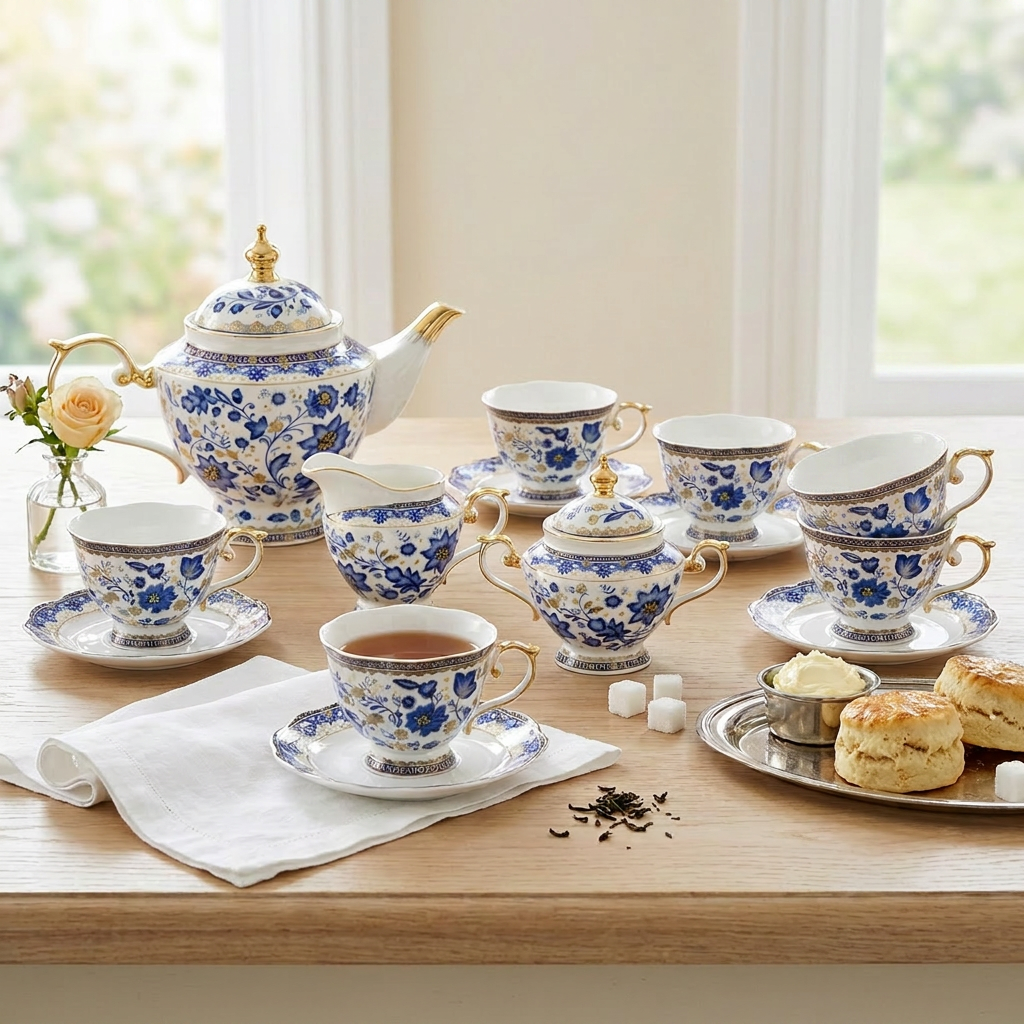 Blue-and-White Enamel Bone China Tea Set
