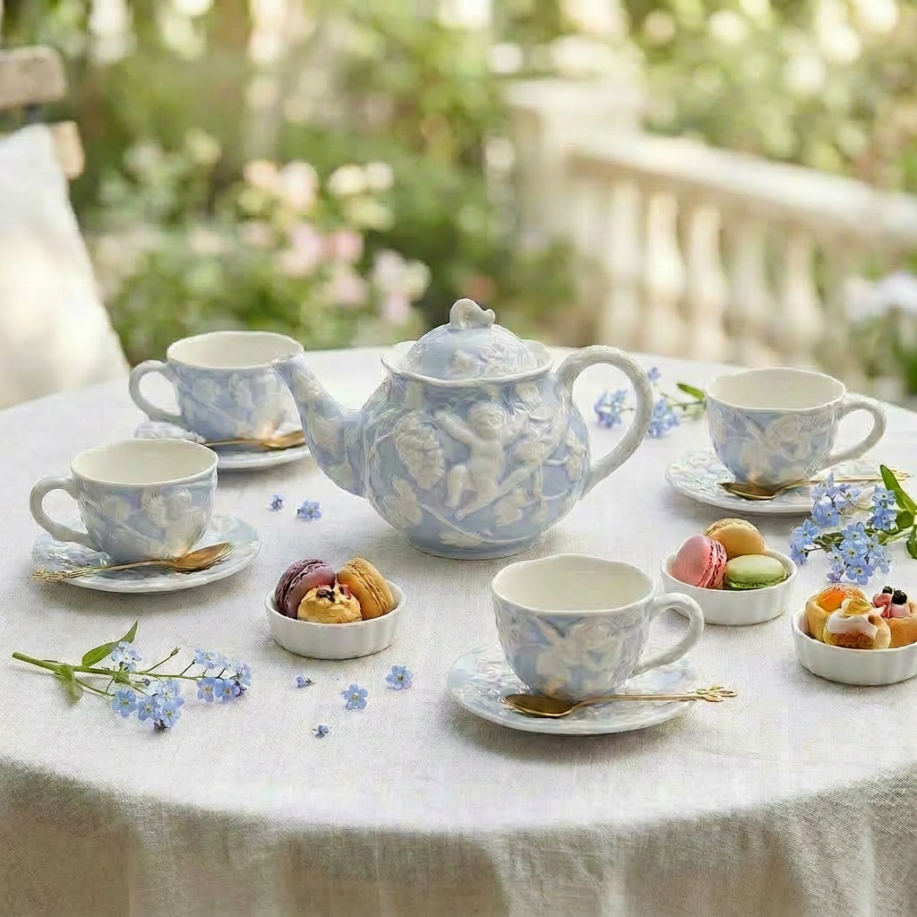 European-style Light Blue Cherub Relief Ceramic Tea Set
