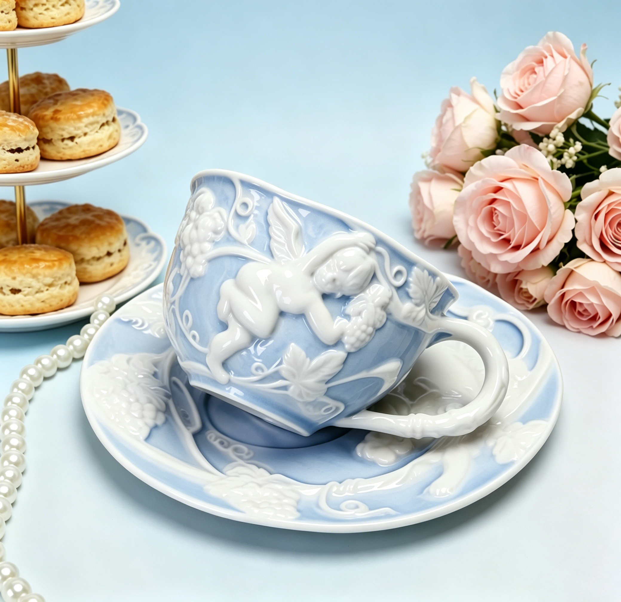 European-style Light Blue Cherub Relief Ceramic Tea Set