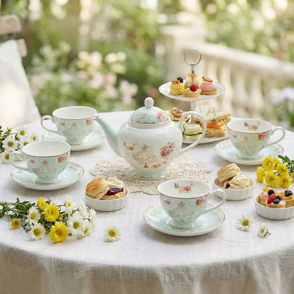 Rose Bone China Tea Set With Two-tier Dessert Stand