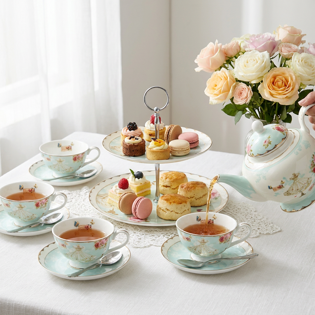 Rose Bone China Tea Set With Two-tier Dessert Stand