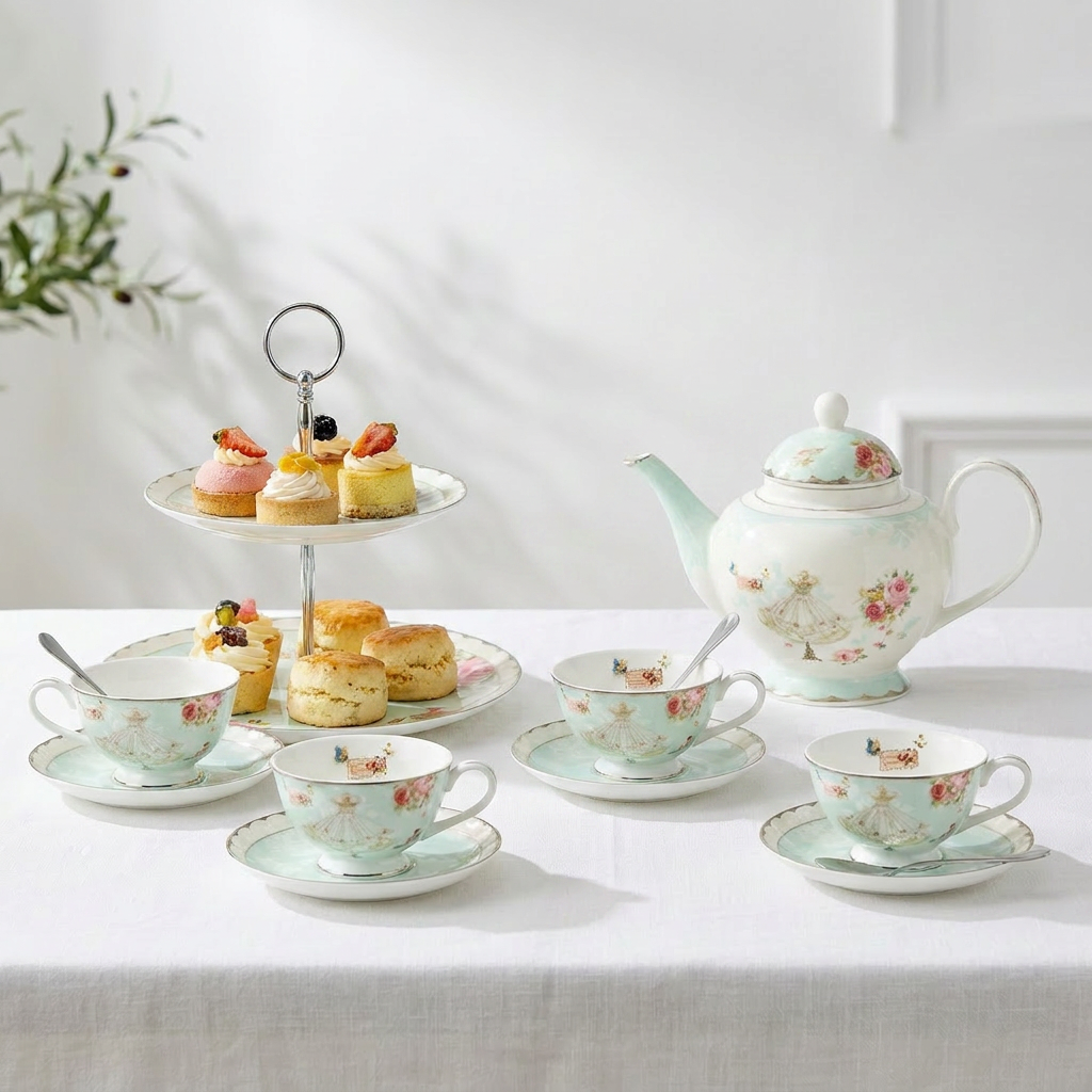 Rose Bone China Tea Set With Two-tier Dessert Stand