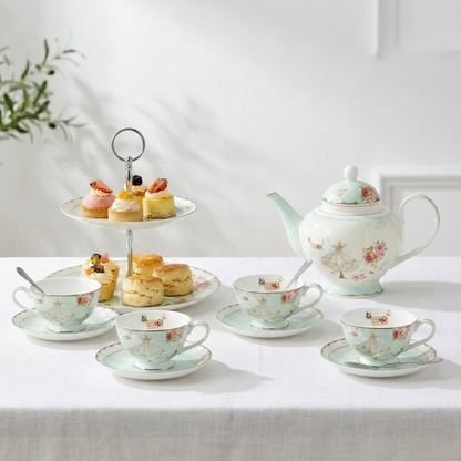 Rose Bone China Tea Set With Two-tier Dessert Stand