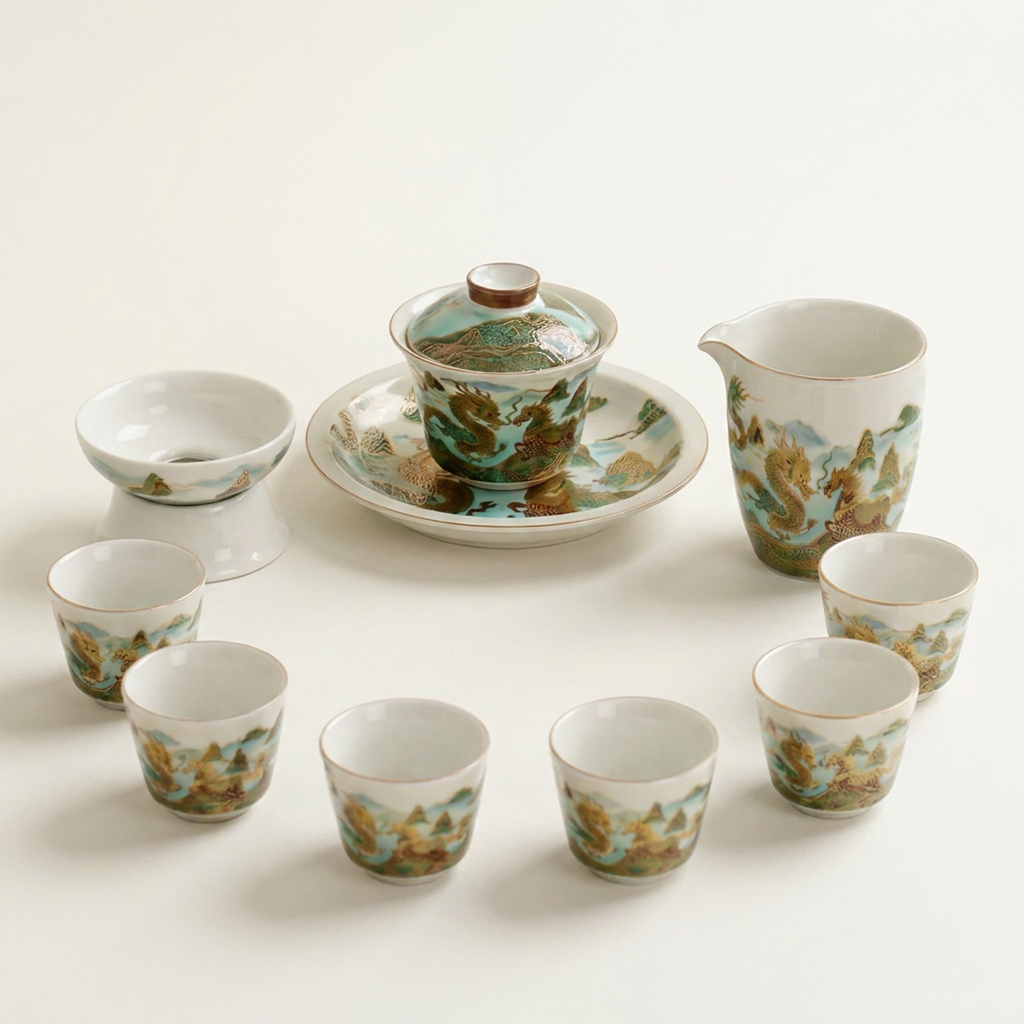 Dragon and Horse Ruyao Ceramic Tea Set