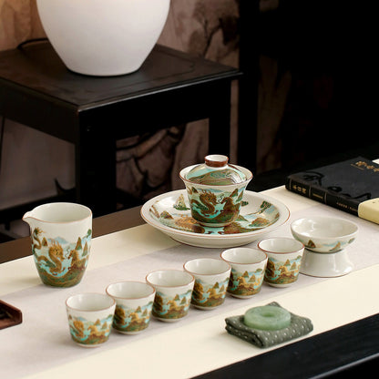Dragon and Horse Ruyao Ceramic Tea Set