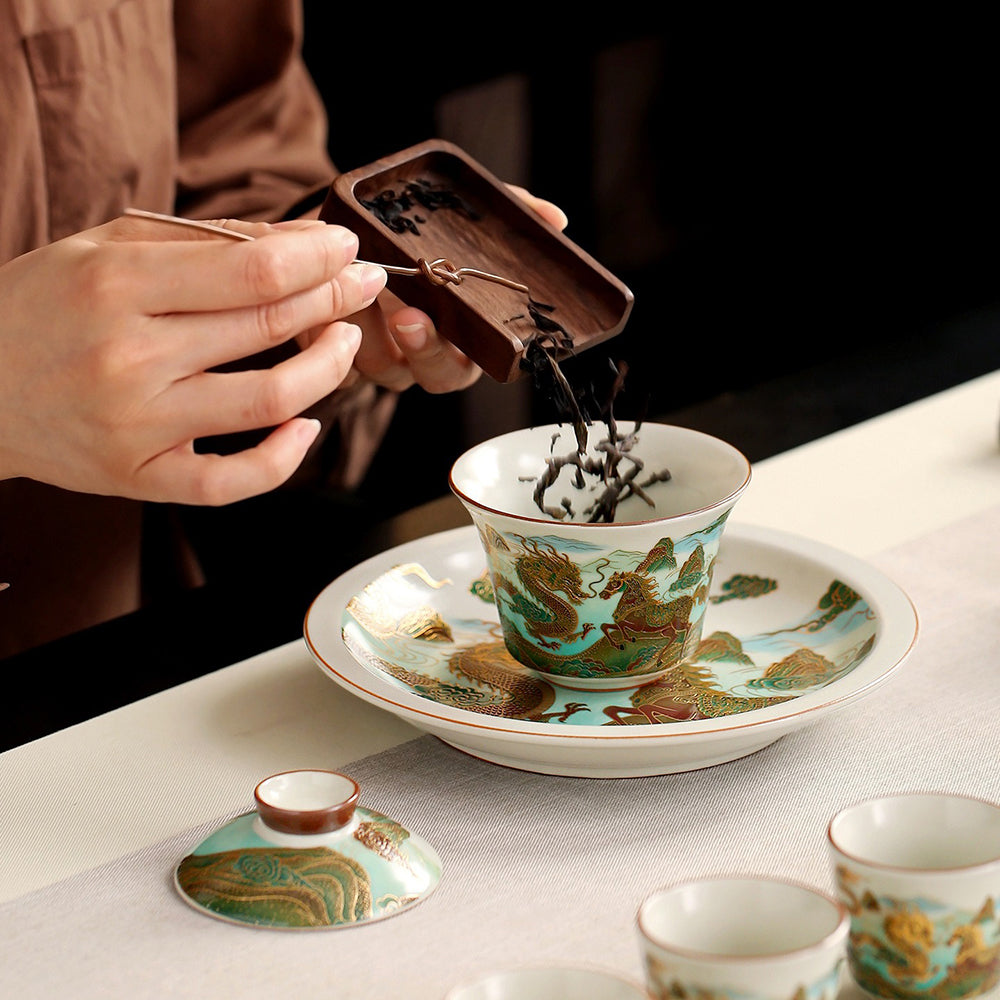Dragon and Horse Ruyao Ceramic Tea Set