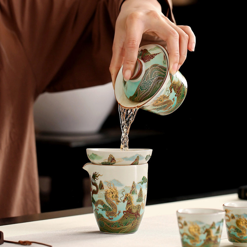 Dragon and Horse Ruyao Ceramic Tea Set