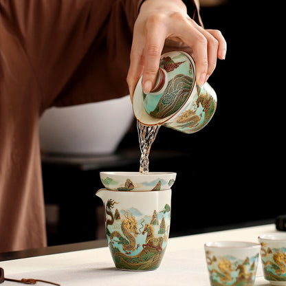 Dragon and Horse Ruyao Ceramic Tea Set