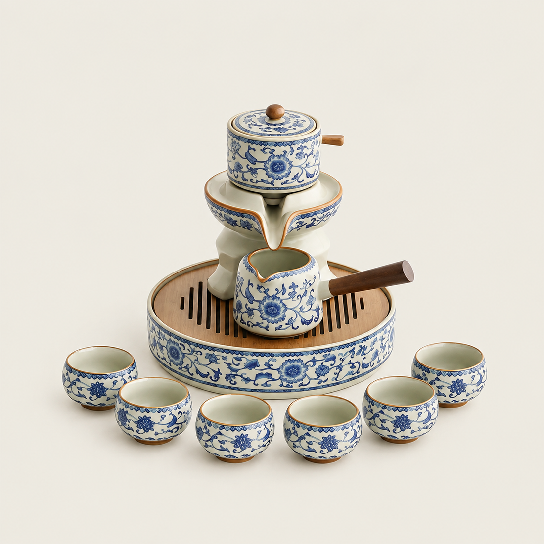 Blue And White Ruyao Twig Flowers Automatic Tea Set