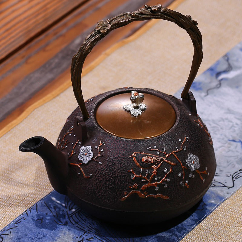 Japanese Cast Iron Magpie Plum Teapot