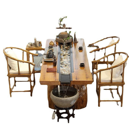 Chinese Pine Wood Running Water Tea Table Set With Fish Pond