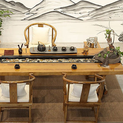 Chinese Pine Wood Running Water Tea Table Set With Fish Pond