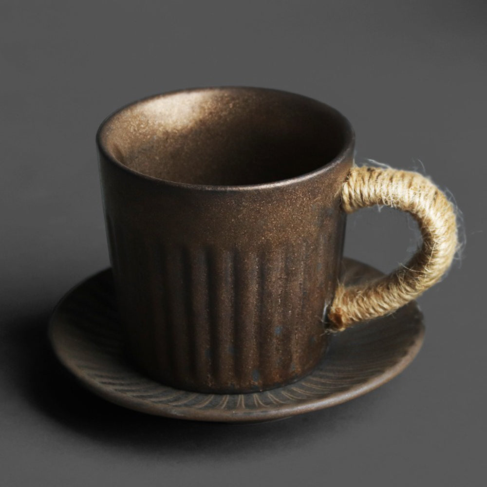 Black Gold Kiln Coarse Pottery Cup With Saucer