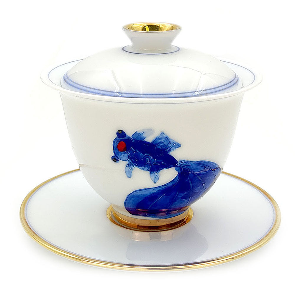 Suet Jade Porcelain Blue and White Goldfish Gaiwan