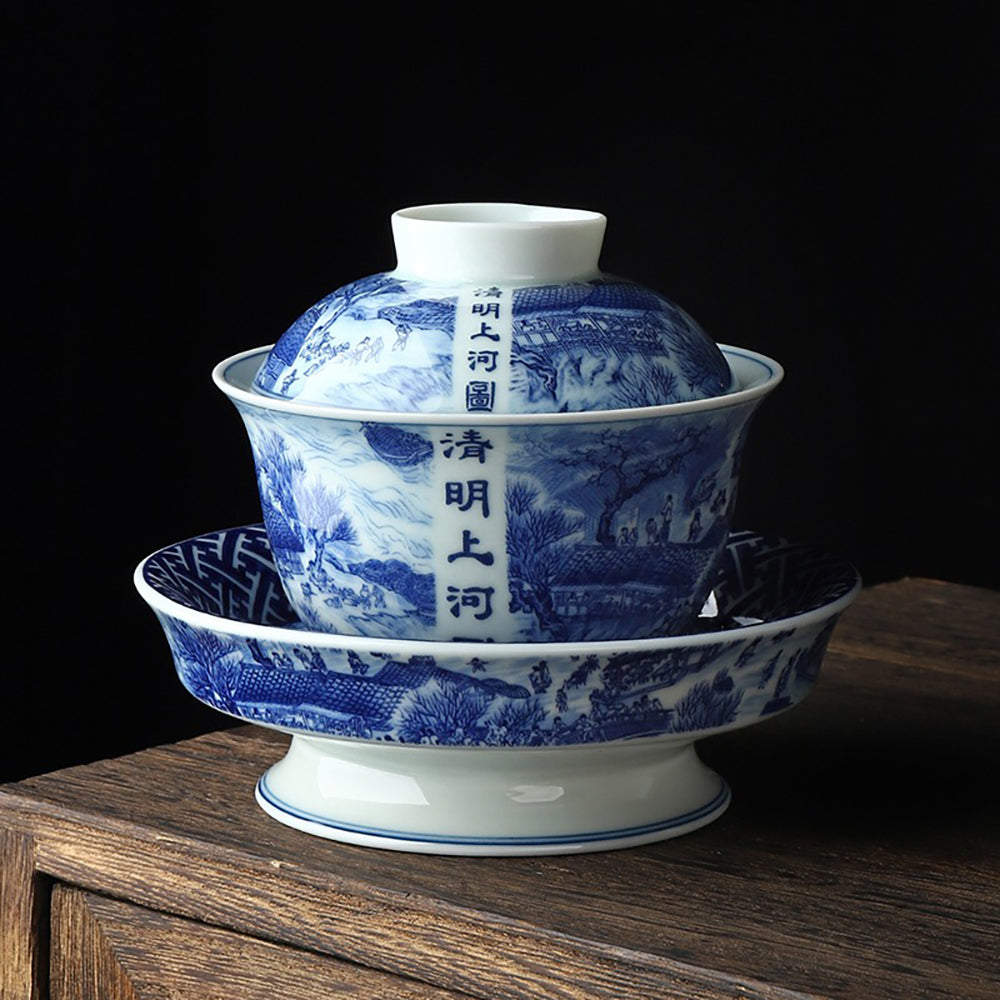 Qingming Shanghetu Blue And White Porcelain Gaiwan