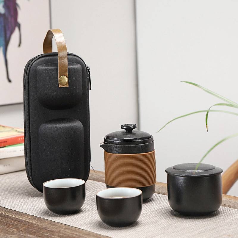 Black Ceramic Travel Tea Set With Handbag