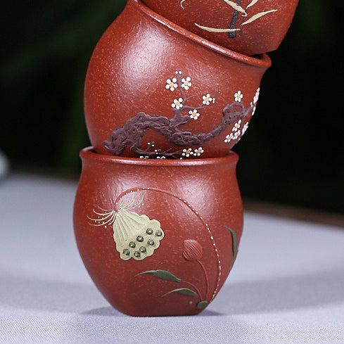 Purple Clay Painted Flower Kung Fu Tea Cup (Set of 3)