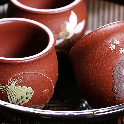 Purple Clay Painted Flower Kung Fu Tea Cup (Set of 3)