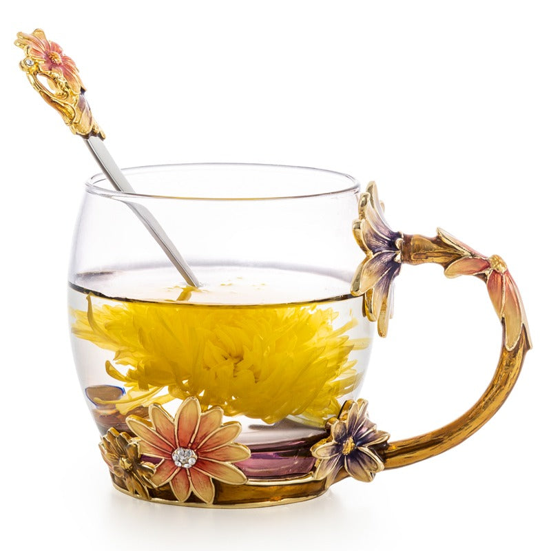 Colour Enamel Flowers Glass Tea Cup