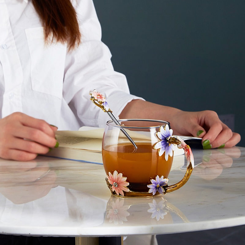 Colour Enamel Flowers Glass Tea Cup