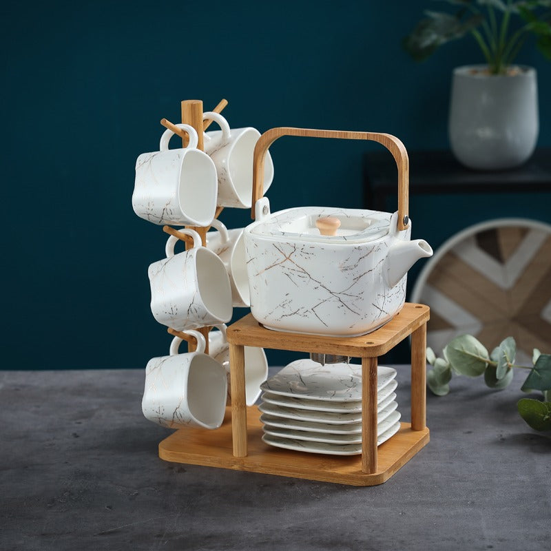 Marbling Modern Tea Set With Bamboo Stand