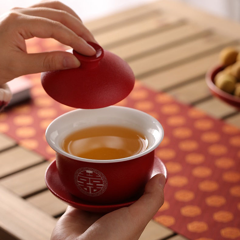 Double Happiness Teapot With Four Gaiwans