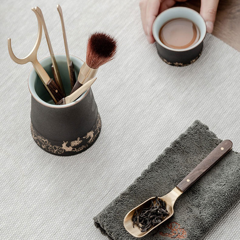 Ebony Tea Utensils Set With Ceramic Koi Holder