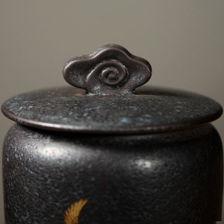 Black Ceramic Golden Crane Tea Caddy