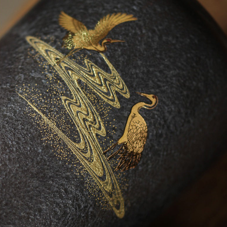 Black Ceramic Golden Crane Tea Caddy