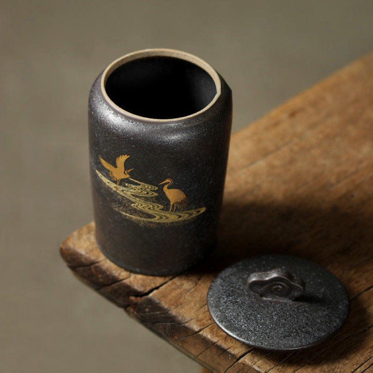 Black Ceramic Golden Crane Tea Caddy