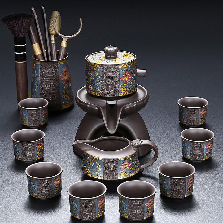 Purple Clay Flowers Automatic Tea Set