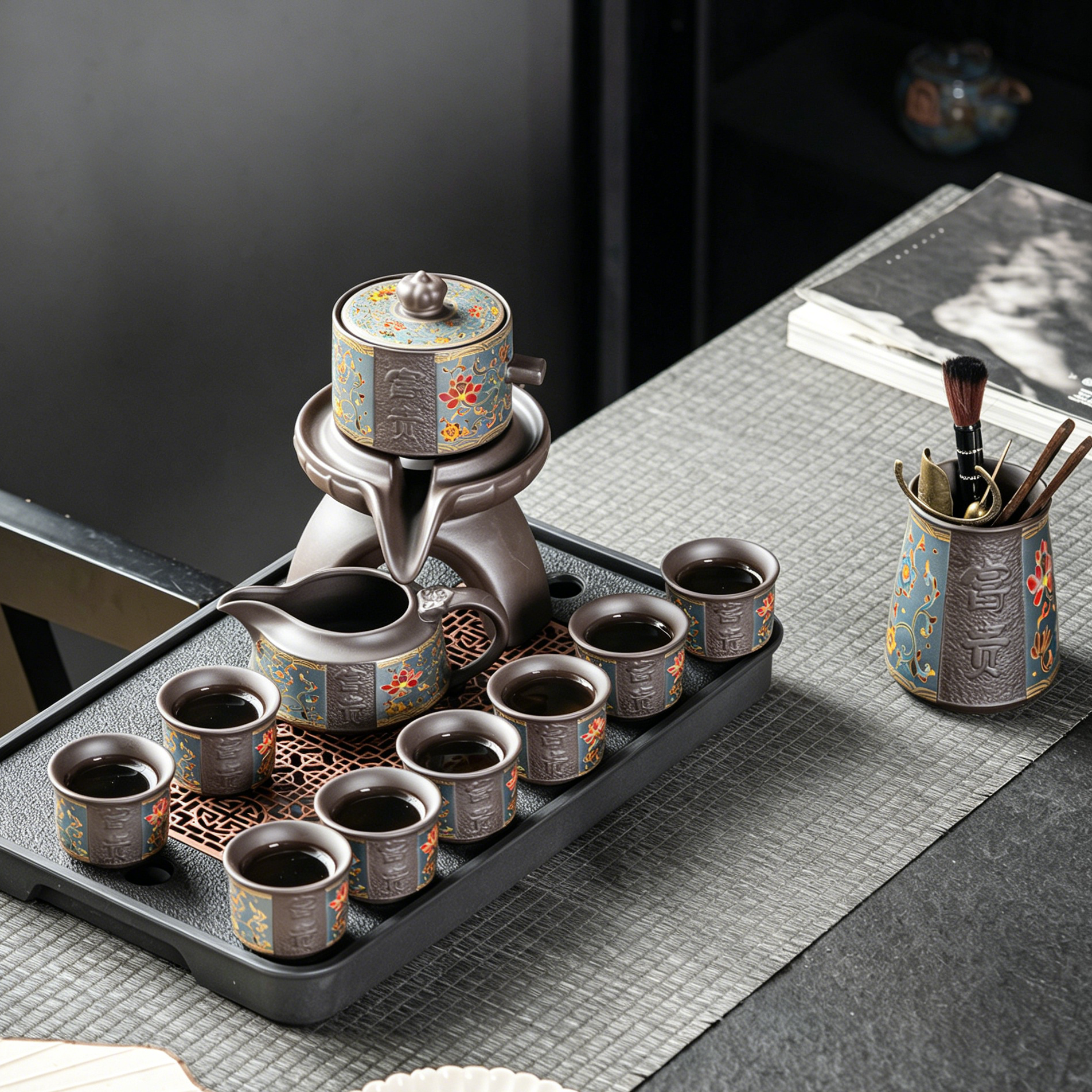 Purple Clay Flowers Automatic Tea Set