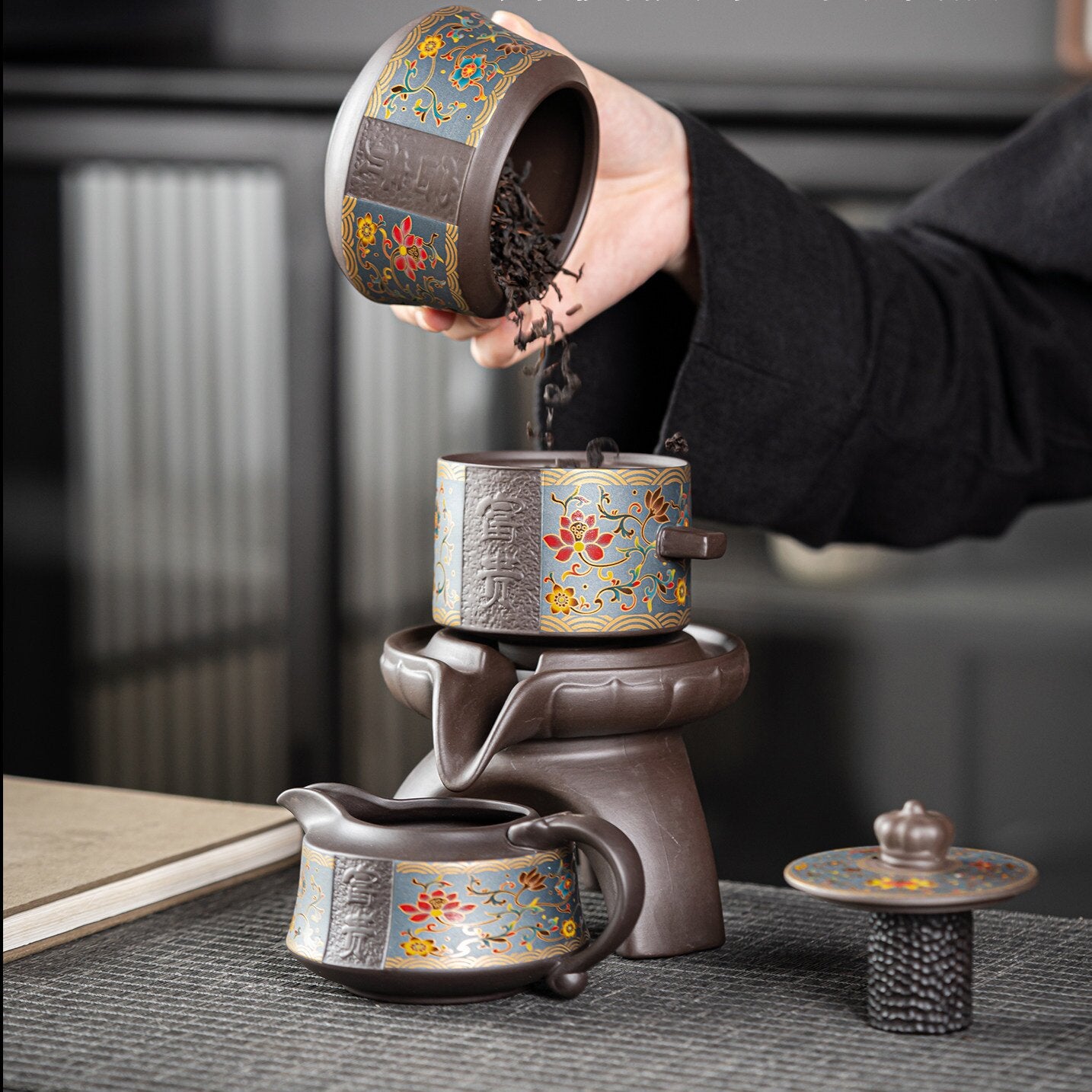 Purple Clay Flowers Automatic Tea Set