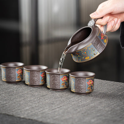 Purple Clay Flowers Automatic Tea Set