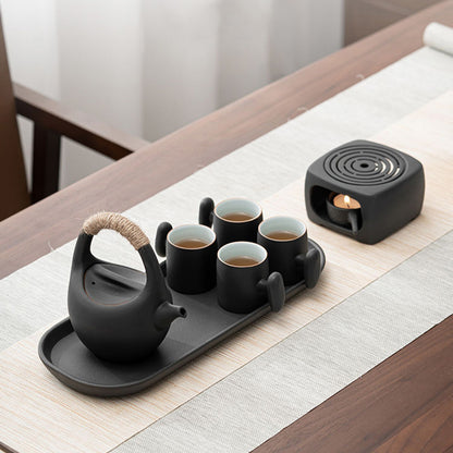 Japanese Black Pottery Tea Set With Warmer