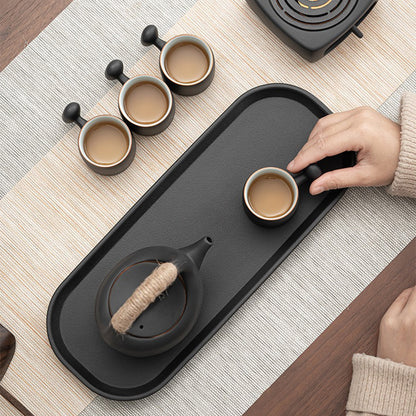 Japanese Black Pottery Tea Set With Warmer